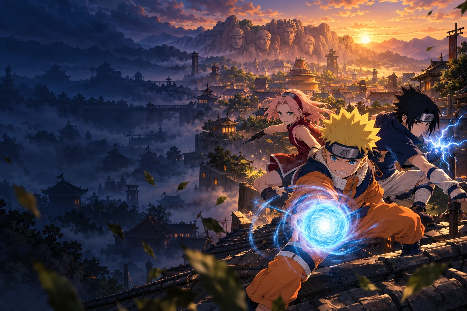 Naruto, Sasuke and Sakura above the rooftops of Konoha